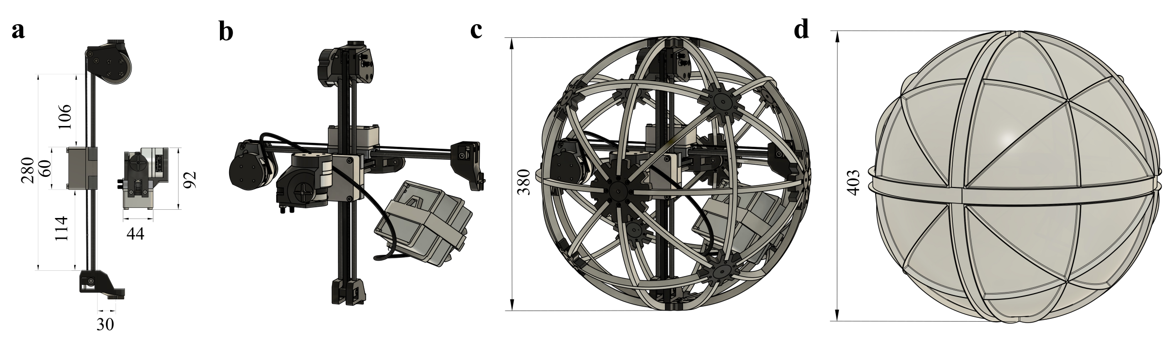 (a) Linear mass-slider module. (b) Internal configuration with three orthogonal sliders and the electronics capsule. (c) Internal frame without the outer shell. (d) Complete robot with the sealed shell and passive fins.